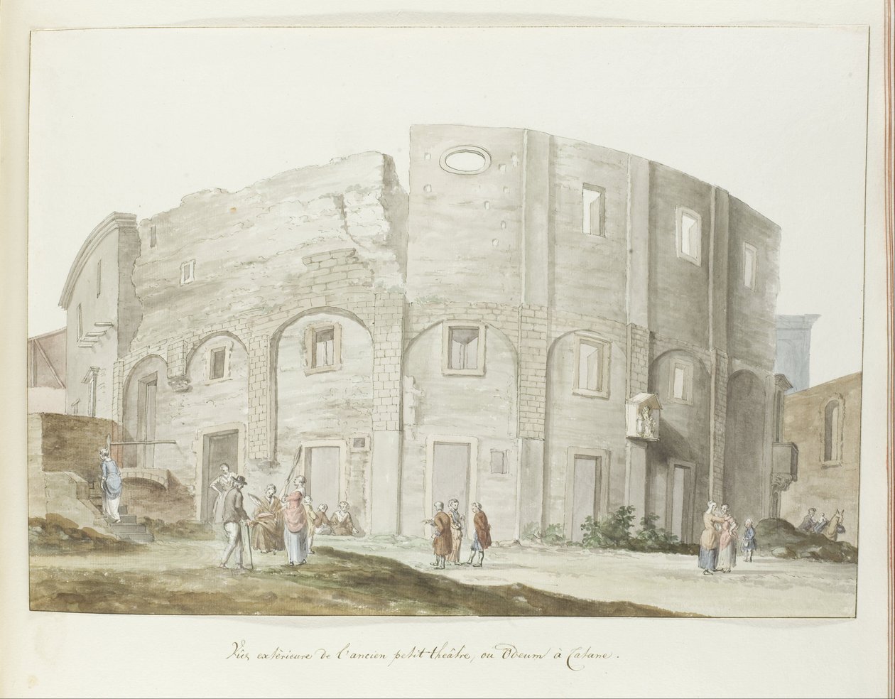 Buitenmuur van oude theater van Catanië Exteriörvy av den gamla lilla teatern, eller Odeum i Catania (titel på objektet) Resor i Italien, Sicilien och Malta - 1778 (serietitel) av Louis Ducros