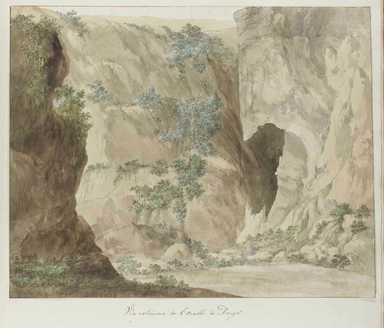 Buitenwand van de grot Dionysius öra Exteriörvy av Dionysius öra (titel på objekt) Resor i Italien, Sicilien och Malta - 1778 (serietitel) av Louis Ducros