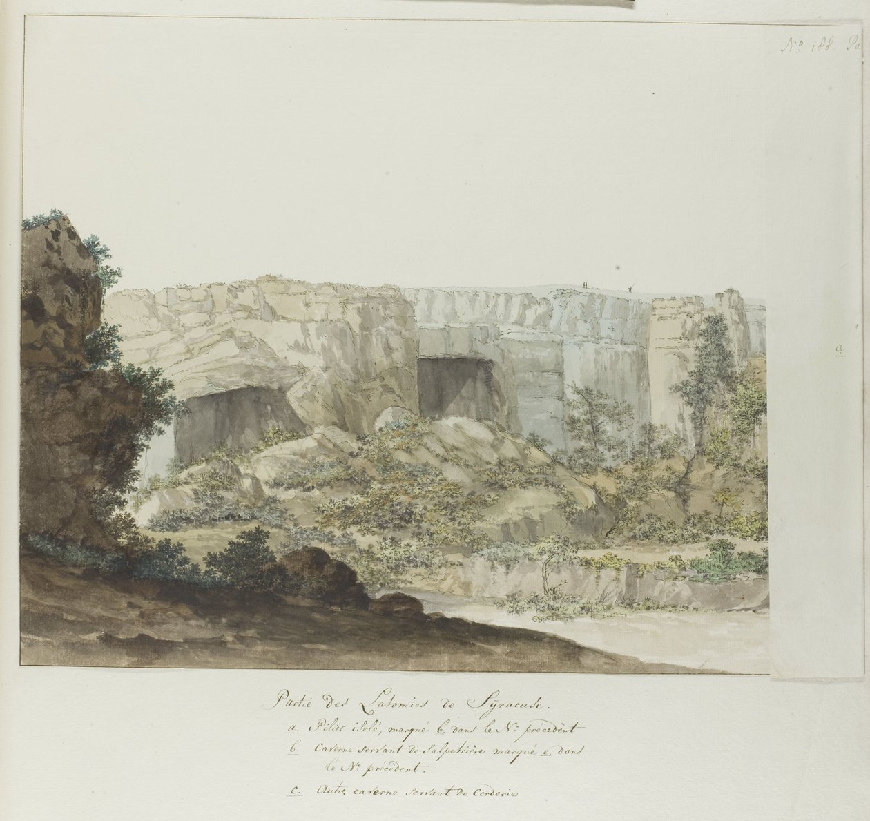 Gedeelte van Latomies grotta vid Syracuse Del av Latomies of Syracuse (titel på objekt) Resor i Italien, Sicilien och Malta - 1778 (serietitel) av Louis Ducros