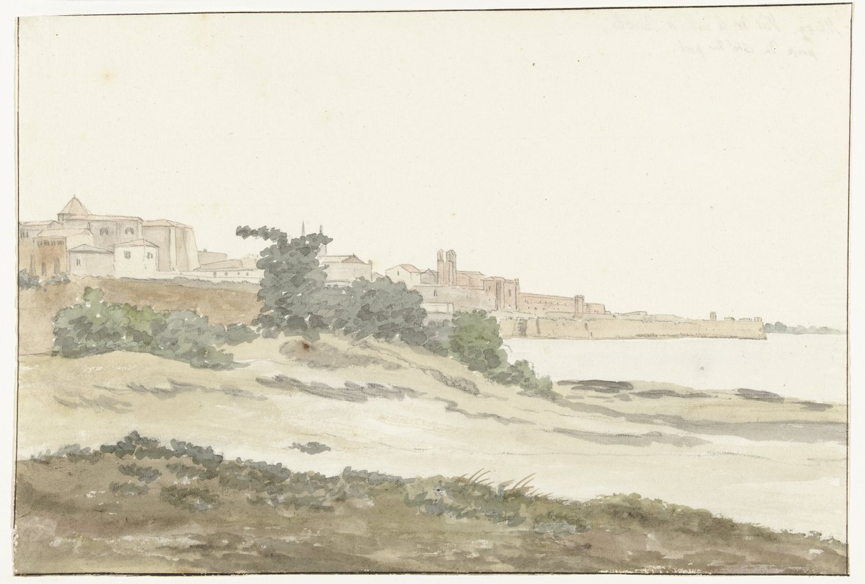 Gezicht op Barletta gelegen aan de kust Utsikt över staden Barletta från havskusten (titel på objekt) Resor i Italien, Sicilien och Malta - 1778 (serietitel) av Louis Ducros