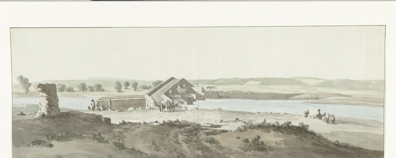 Gezicht på Canosa-bron över Ofanto-floden i Puglia Utsikt över Pont de Canosa över Ofanto (Aufidus) (titel på objekt) Resa till Italien, Sicilien och Malta - 1778 (serietitel) av Louis Ducros