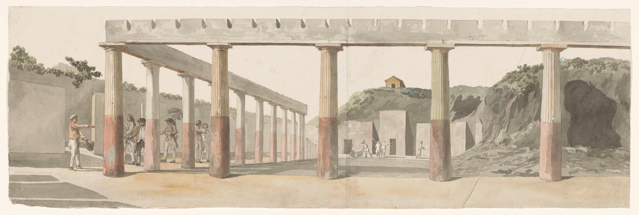 Vy över romerska baracker och pelargång i Pompeji Vue des Casernes Romaines & de la Colonnade de Pompeja (titel på objekt) Voyage en Italy, och Sicile et à Malte - 1778 (serietitel) av Louis Ducros