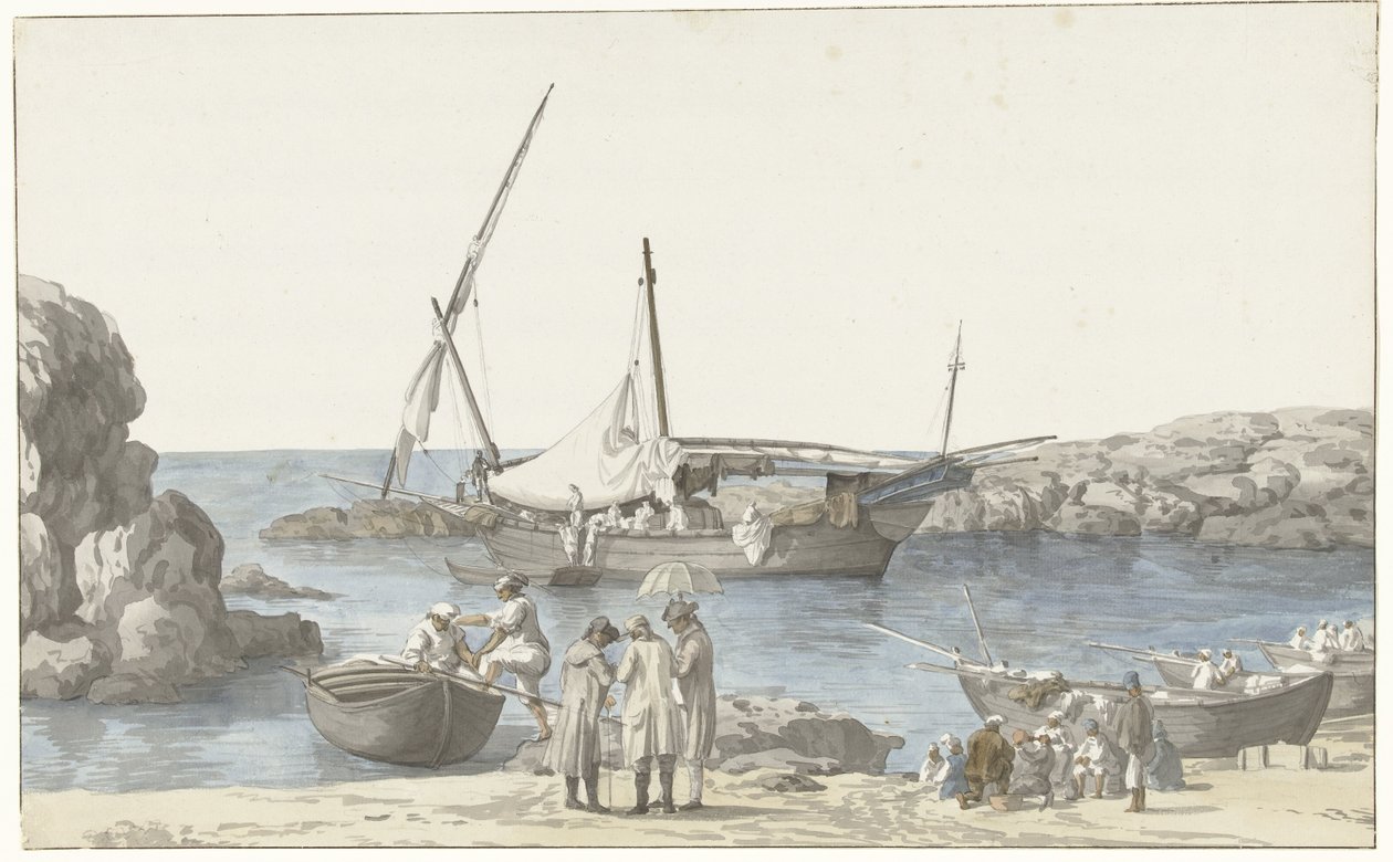 Utsikt över Taranto och tillflyktsort från Luogo Vivo Utsikt över vår Tarentin-byggnad och hamnen i den tidigare nr. jordning (titel på objekt) Resor i Italien, Sicilien och Malta- 1778 (serietitel) av Louis Ducros