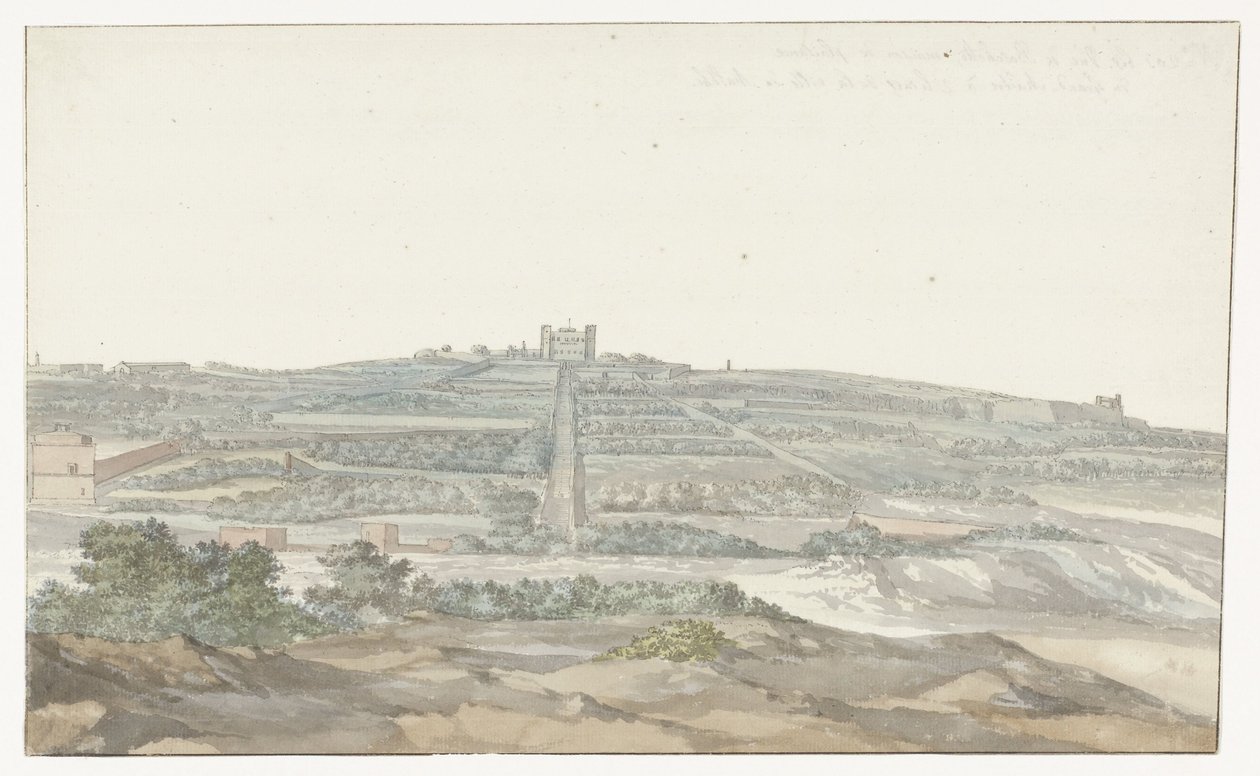 Utsikt över Stormästarens Vedala-palats, som ligger i Boschetto på Malta Vue de Boschetto, maison de plaisance du Grand-Maître, à 2 lieus de la ville de Malthe (titel på objektet) Voyage en Italy, och Sicile et à Malte - 1778 (serietitel) av Louis Ducros