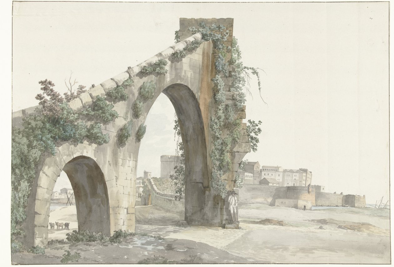 Gezicht på akvadukten en de stad Taranto Utsikt över akvadukten och staden Taranto (titel på objektet) Resor i Italien, Sicilien och Malta - 1778 (serietitel) av Louis Ducros