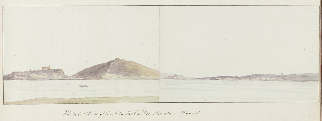 Gezicht på kusten av Gaeta och mausoleum av Munatius Plancus (Lucio Munazio Planco) Vue de la côte de Gaëta, & du Tombeau de Munatius Plancus (titel på objekt) Voyage en Italie, en Sicile et à Malte - 1778 (serietitel) av Louis Ducros