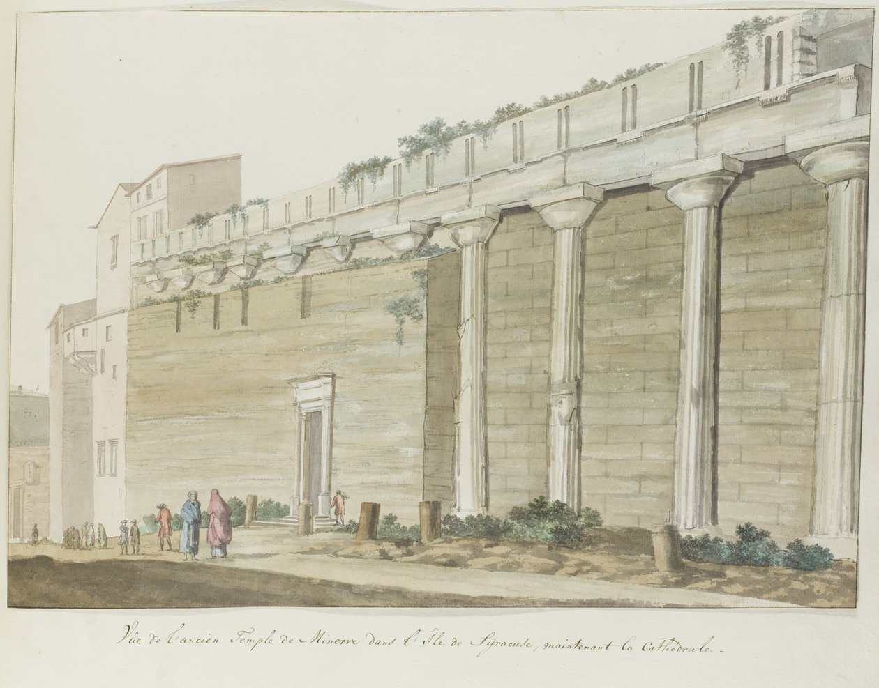 Utsikt över gamla Minerva-templet i Syrakusa Utsikt över det antika templet Minerva på ön Syrakusa (titel på objektet) Resor i Italien, Sicilien och Malta - 1778 (serietitel) av Louis Ducros