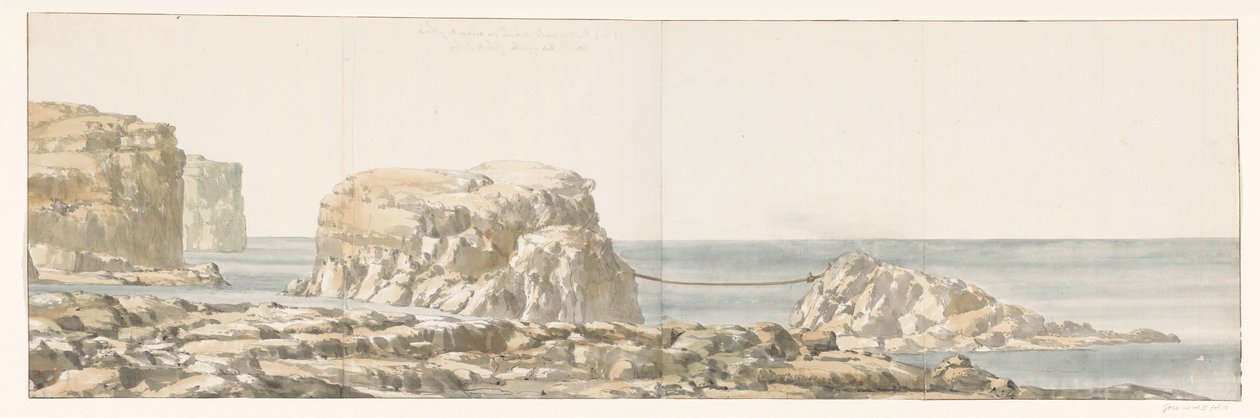 Gezicht op rots losgeraakt van kust i inham van Gozo Utsikt över en sten som lossnar från stranden av Ghozo i Anse som kallas Calata Dulyra (titel på objektet) Resor i Italien, Sicilien och Malta - 1778 (serietitel) av Louis Ducros