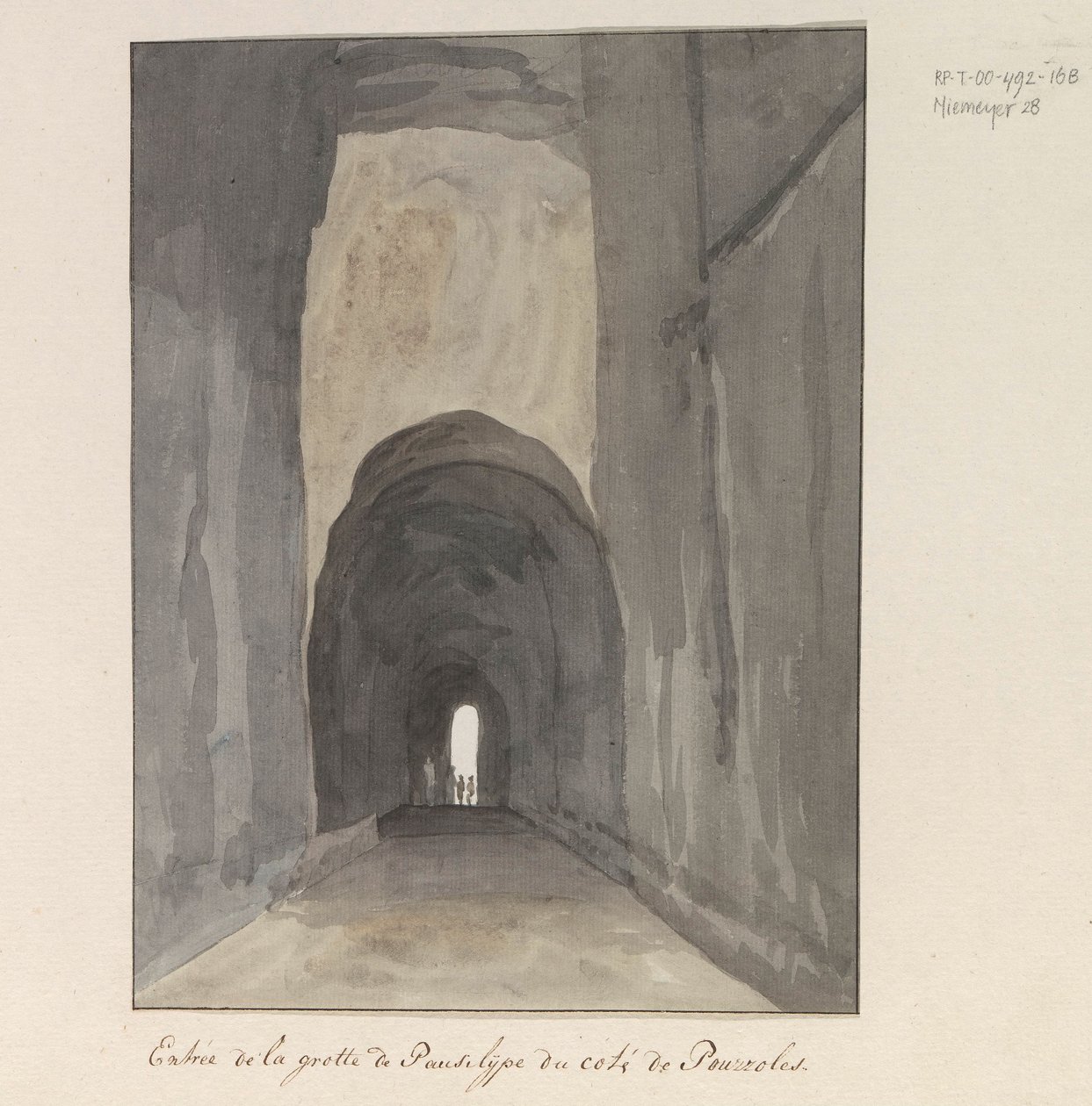 Ingang van grot Crypta Neapolitana (av Grotta di Posillipo) aan de kust van Pozzuoli Ingång till Pausilype-grottan nära Pozzuoli (titel på objekt) Resor i Italien, Sicilien och Malta - 1778 (serietitel) av Louis Ducros