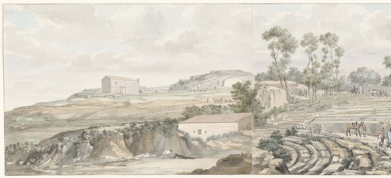 Interiör träffade trapn van teater i Syracuse Utsikt över interiören och läktaren i Syracuse Theatre (titel på objektet) Resor i Italien, Sicilien och Malta - 1778 (serietitel) av Louis Ducros