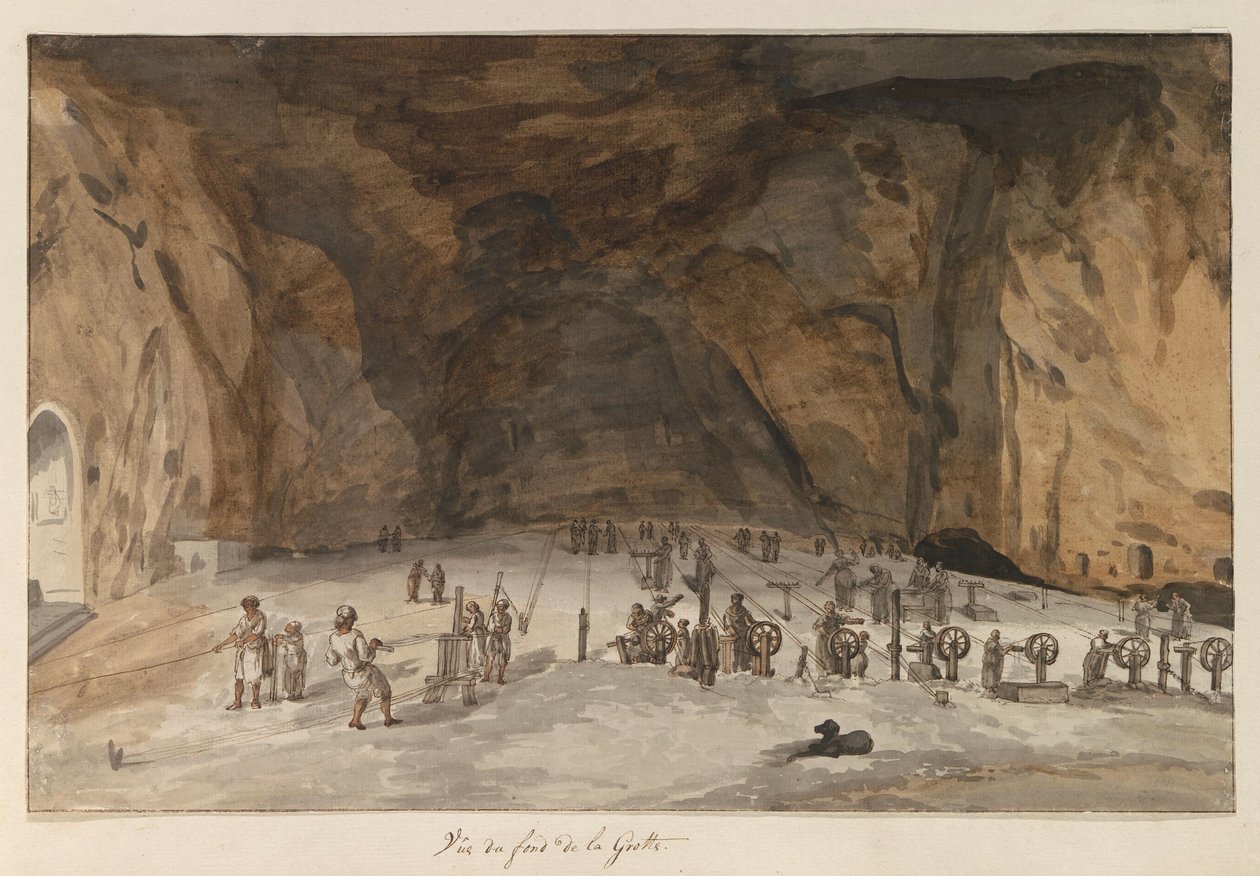 Interiör skåpbil grot Santa Maria Capella Utsikt från botten av grottan (titel på objekt) Resor i Italien, Sicilien och Malta - 1778 (serietitel) av Louis Ducros