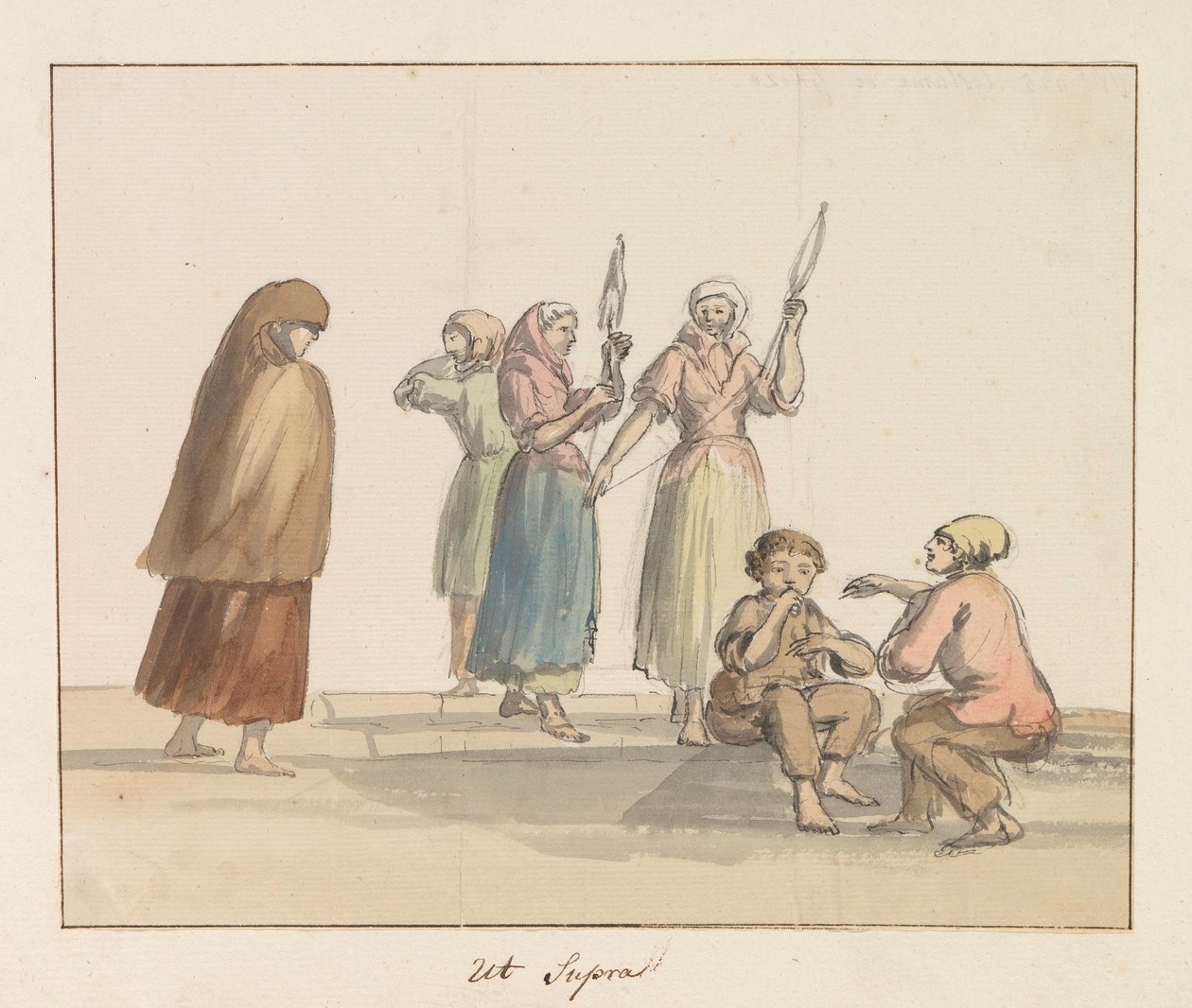 Traditionella dräkter på ön Gozo Costume de Ghozo (titel på objekt) Voyage en Italy, och Sicile et à Malte - 1778 (serietitel) av Louis Ducros