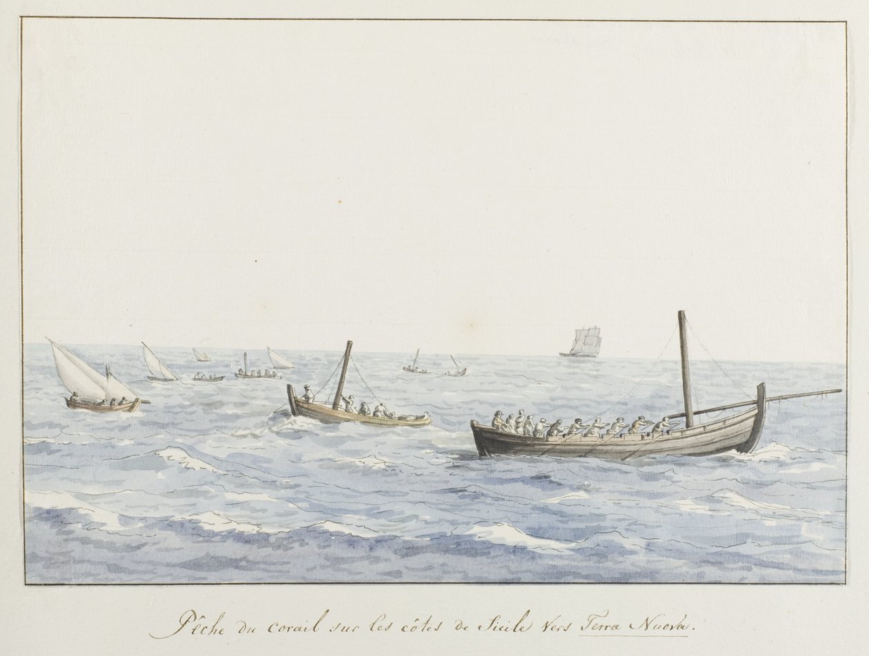 Koraalvissers voor de kust på Sicilien ter höjd av Terra Nuova Korallfiske på Siciliens kuster mot Terra Nuova (titel på objekt) Resor i Italien, Sicilien och Malta - 1778 (serietitel) av Louis Ducros