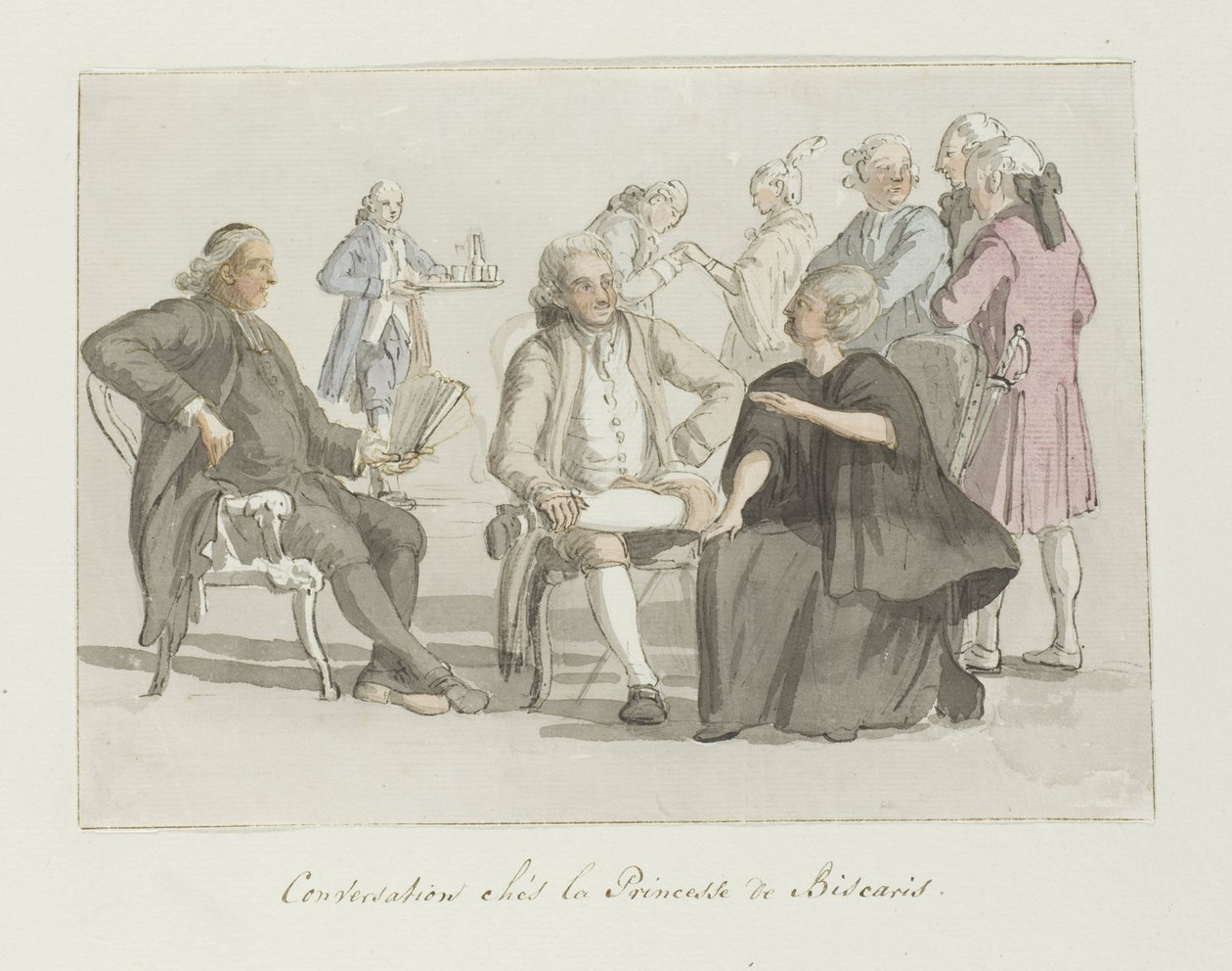 Medlemmar i resegruppen i samtal med prinsessan av Biscaris Conversation chés la Princesse de Biscaris (titel på objekt) Voyage en Italy, och Sicile et à Malte - 1778 (serietitel) av Louis Ducros
