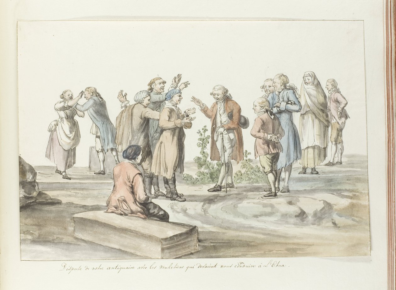 Förhandling mellan reseledare och muleförare som de åker med till Etna Dispute de notre antiquaire avec les muletiers qui devaient nous conduire à L