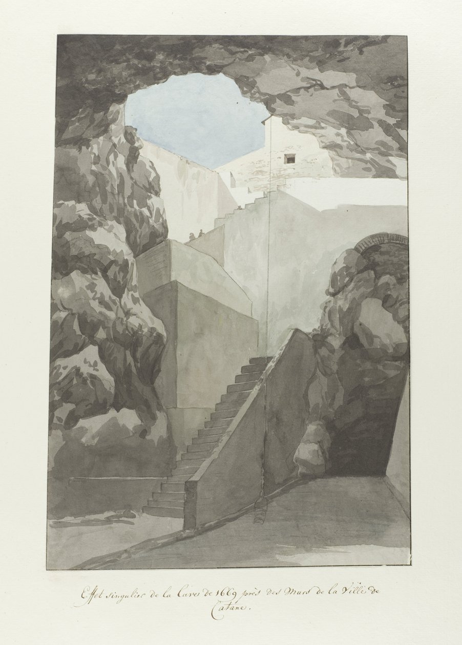 Anmärkningsvärda lavastenar från 1669 vid Catanias stadsmur Effet singulier de la lave de 1669 près des mur de Catane (titel på objektet) Voyage en Italy, en Sicile et à Malte - 1778 (serietitel) av Louis Ducros