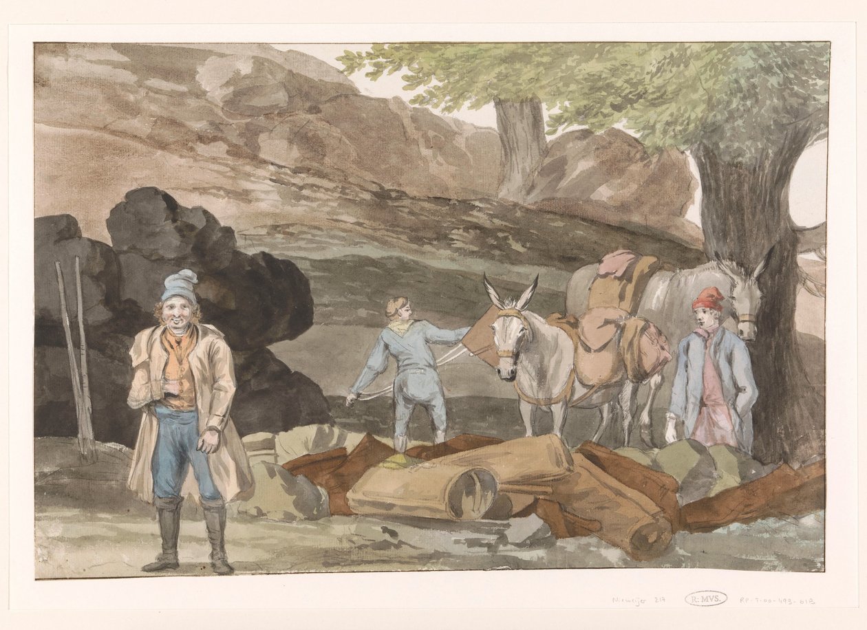 Oponthoud vid de Grotte delle Capre aan de grens vid Nemorosa en Fredda Stanna vid delle Capre-grottan på gränsen mellan de två regionerna Nemorosa & Fredda (titel på objektet) Resor i Italien, Sicilien och Malta - 1778 (serietitel) av Louis Ducros
