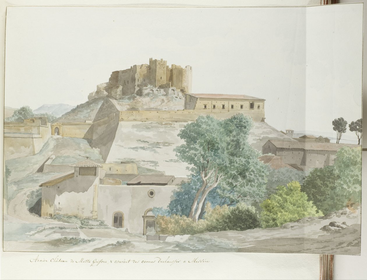 Oude kasteel van Mata en Grifone en het karmelieten klooster, grondvesten van Messina Tidigare Matta Griffones slott och de discalled karmeliternas kloster i Messina (titel på objektet) Resor i Italien, Sicilien och Malta - 1778 (serietitel) av Louis Ducros