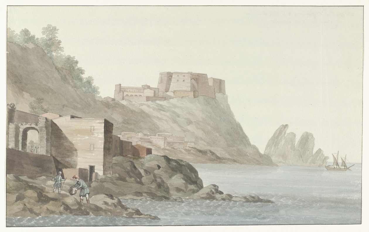 Rapar i stad Scilla in de regio Calabria aan de oostkust Rock & Town of Scilla i Kalabrien; vy tagen från den östra sidan (titel på objekt) Resor i Italien, Sicilien och Malta - 1778 (serietitel) av Louis Ducros