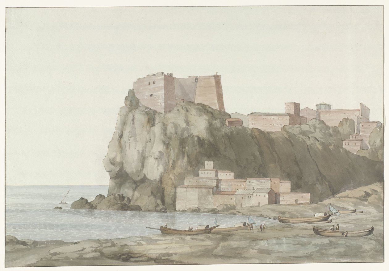 Rapar i stad Scilla in de regio Calabria aan de westkust Rock & Town of Scilla i Kalabrien; vy tagen från solnedgångssidan (titel på objekt) Resor i Italien, Sicilien och Malta - 1778 (serietitel) av Louis Ducros