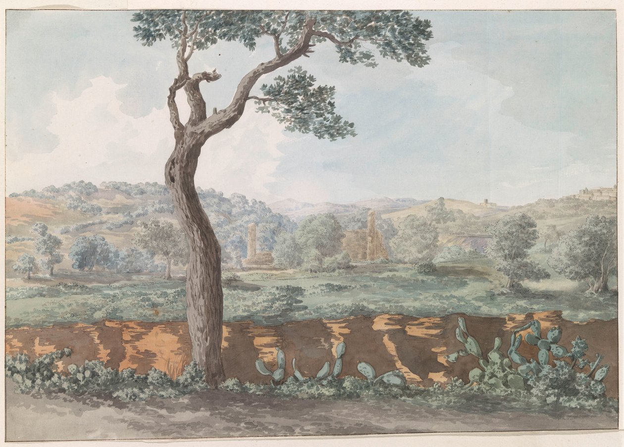 Ruïne av Castor och Pollux tempel inom muren från gamla Agrigento Utsikt över ruinerna av Temple of Castor & Pollux i hägnet av antika Agrigentum (titel på objektet) Resor i Italien, Sicilien och Malta - 1778 (serietitel) av Louis Ducros