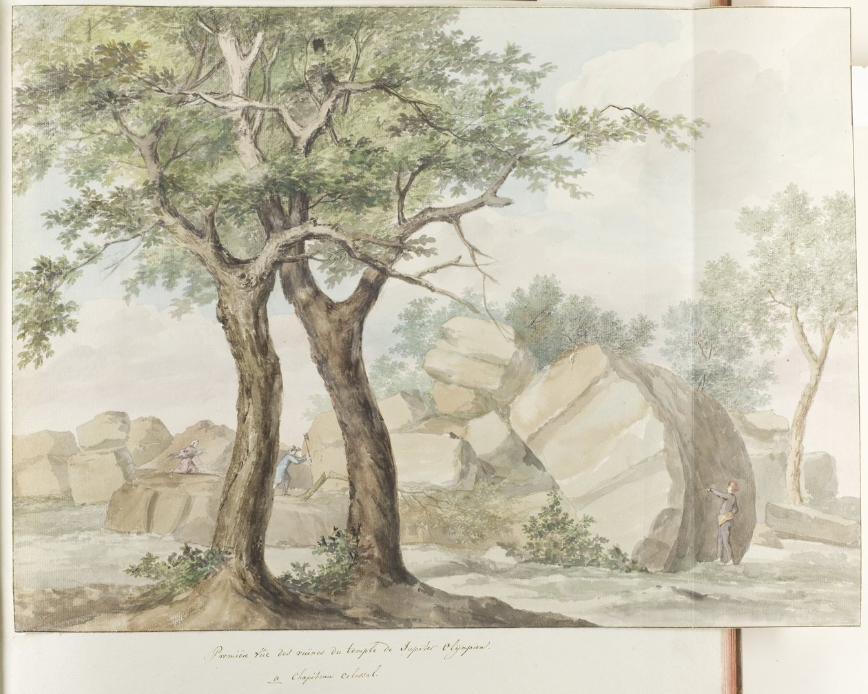 Ruïne van Zeus Olympus tempel i gamla Agrigento Första utsikten över ruinerna av Olympian Jupiters tempel (titel på objektet) Resor i Italien, Sicilien och Malta - 1778 (serietitel) av Louis Ducros