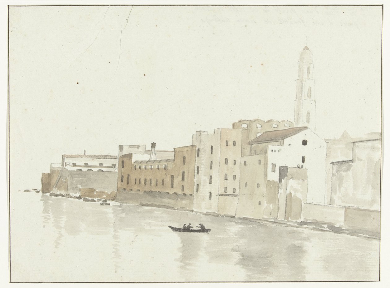 Stadsgesikt i Bari från ett raam i herberget Utsikt över en punkt i staden Bari, tagen från ett fönster på vårt vandrarhem (titel på objektet) Resor i Italien, Sicilien och Malta - 1778 (serietitel) av Louis Ducros