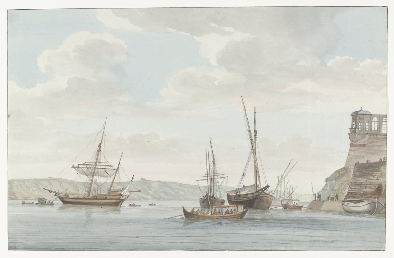 Tuinhuis van de Jardin du Grand Master uttord boven de haven med gale schepen op Malta Pavillon du Jardin du Grand-Maître, mittemot Port des Galères i Malthe (titel på objektet) Resor i Italien, Sicilien och Malta - 1778 (serietitel) av Louis Ducros