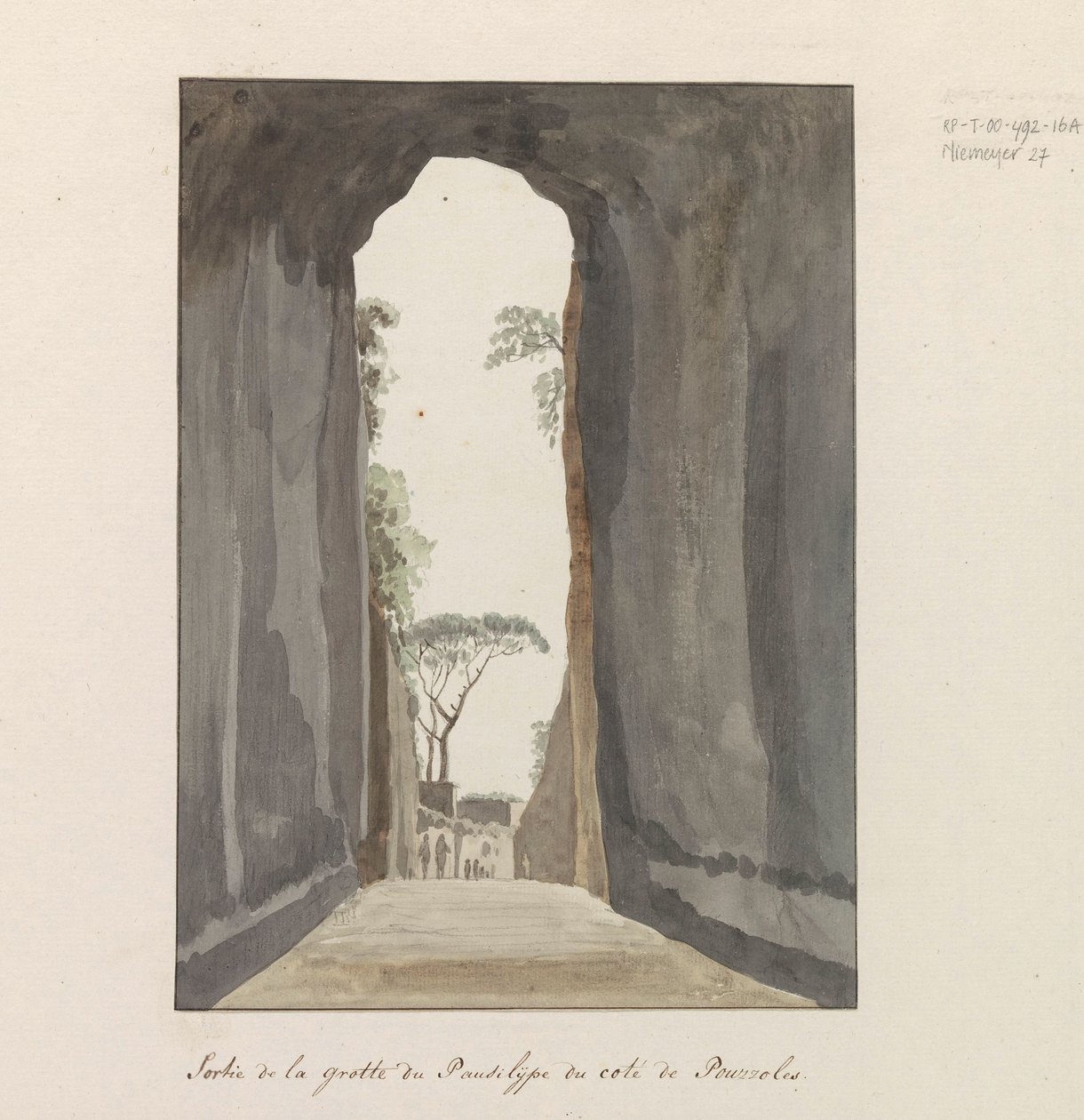 Uitgang van grot Crypta Neapolitana (av Grotta di Posillipo) aan de kust van Pozzuoli Utgång från Pausilype-grottan nära Pozzuoli (titel på objekt) Resor i Italien, Sicilien och Malta - 1778 (serietitel) av Louis Ducros