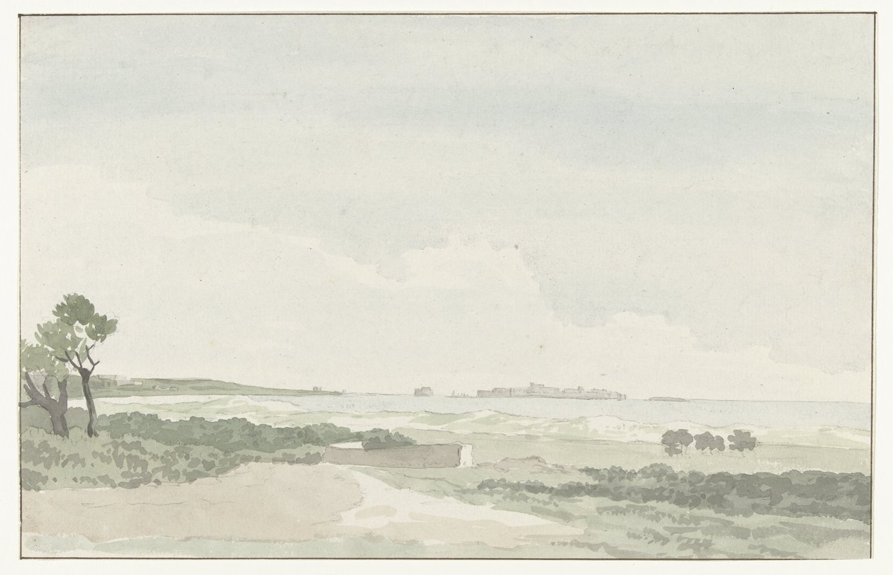 Vergezicht med de stad Gallipoli Avlägsen utsikt över staden Gallipoli (titel på objekt) Resor i Italien, Sicilien och Malta - 1778 (serietitel) av Louis Ducros