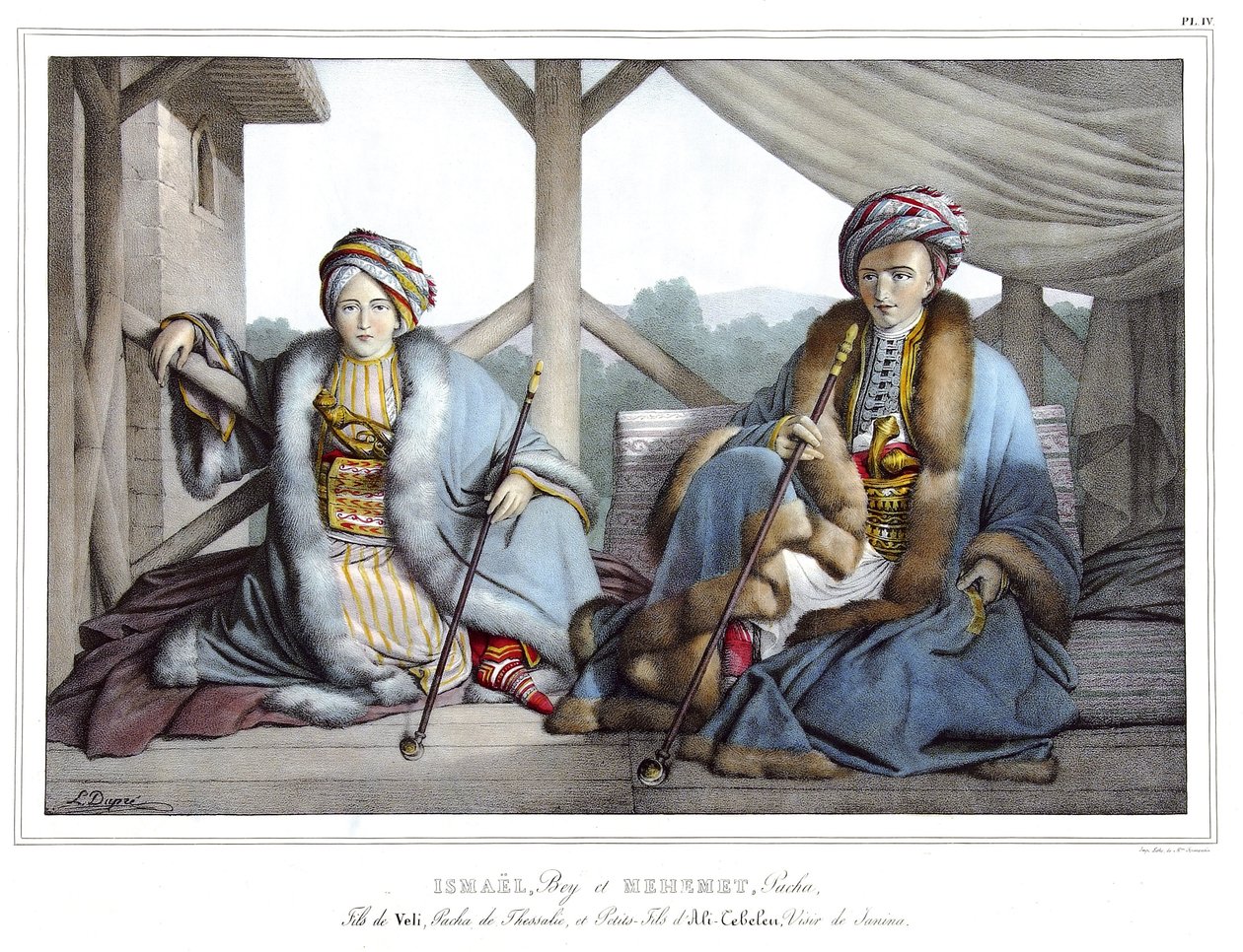 Ismael, Bey och Mehemet Pasha, son till Veli, pasha av Thessalien och sonson till Ali Tebelen (1741-1822), vizir av Janina, i "" Resan till Aten och Konstantinopel, eller samling av grekiska och osmanska porträtt, vyer och kostymer, målade på platser av na av Louis Dupré