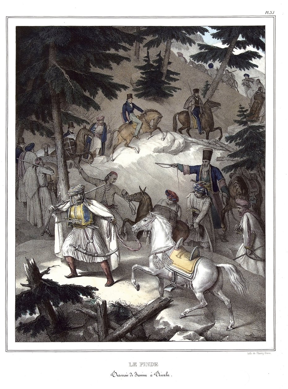 Le Pinde, traversee de Janina a Tricala. i "" Resan till Aten och Konstantinopel, eller samling av grekiska och osmanska porträtt, vyer och kostymer, målade på platser efter naturen, litografier och färger av Louis Dupre (1789-1837), Davids elev.1825 av Louis Dupré