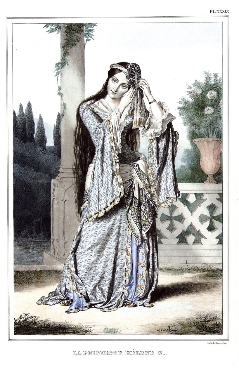 Prinsessan Helene Soutzo. i "" Resan till Aten och Konstantinopel, eller samling av grekiska och osmanska porträtt, vyer och kostymer, målade på platser av efter naturen, litografier och färger av Louis Dupre (1789-1837), Davids elev.1825. av Louis Dupré