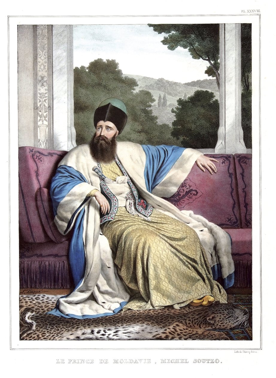 Prinsen av Moldavien, Michael Soutzo (1729-1830). i "" Resan till Aten och Konstantinopel, eller samling av grekiska och osmanska porträtt, vyer och kostymer, målade på platser av naturen, litografier och färger av Louis Dupre (1789-1837), elev till Dav av Louis Dupré