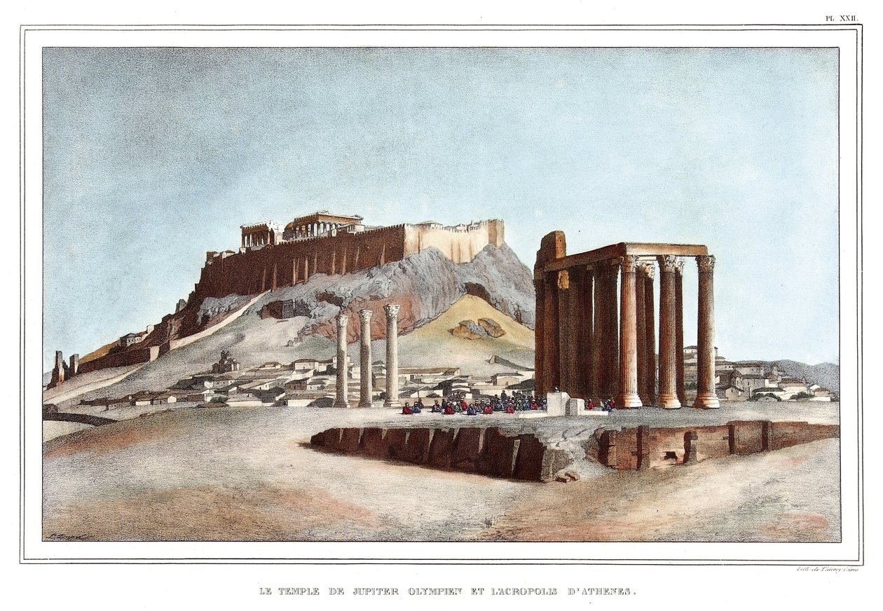 Templet för den olympiska Jupiter och Akropolis i Aten. i "" Resan till Aten och Konstantinopel, eller samling av grekiska och osmanska porträtt, vyer och kostymer, målade på platser i naturen, litografier och färger av Louis Dupre (1789-1837), pu av Louis Dupré