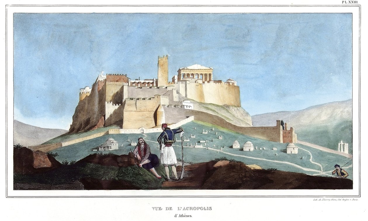 Utsikt över Akropolis i Aten. i "" Resan till Aten och Konstantinopel, eller samling av grekiska och osmanska porträtt, vyer och kostymer, målade på platser i naturen, litografier och färger av Louis Dupre (1789-1837), Davids elev.1825. av Louis Dupré