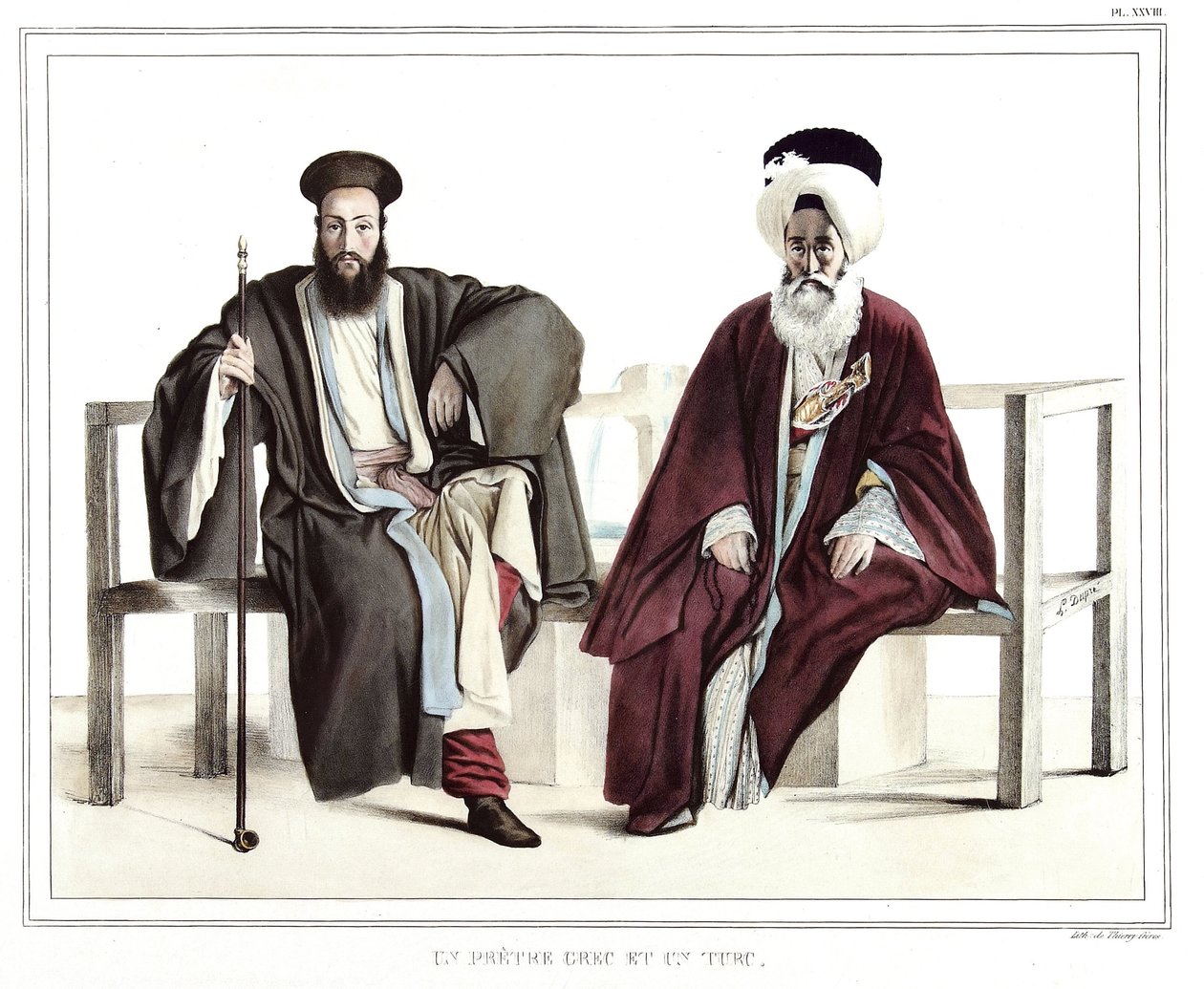 En grekisk präst och en turk. i "" Resan till Aten och Konstantinopel, eller samling av grekiska och osmanska porträtt, vyer och kostymer, målade på platser efter naturen, litografier och färger av Louis Dupre (1789-1837), Davids elev.1825. av Louis Dupré