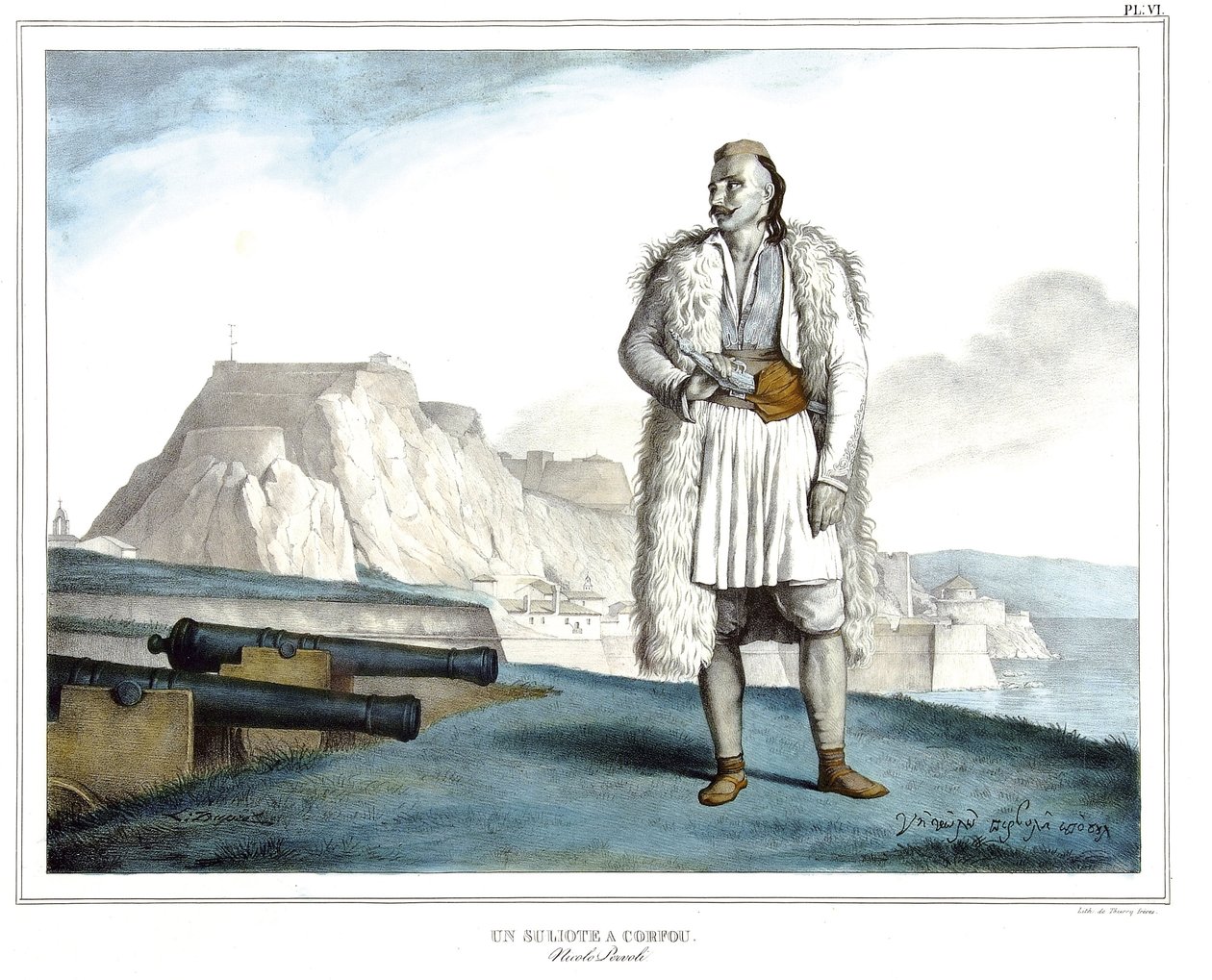 En Suliote på Korfu, Nicolo Pervoli, i "" Resan till Aten och Konstantinopel, eller samling av grekiska och osmanska porträtt, vyer och kostymer, målade på platser efter naturen, litografier och färger av Louis Dupre (1789-1837), Davids elev .1825. av Louis Dupré