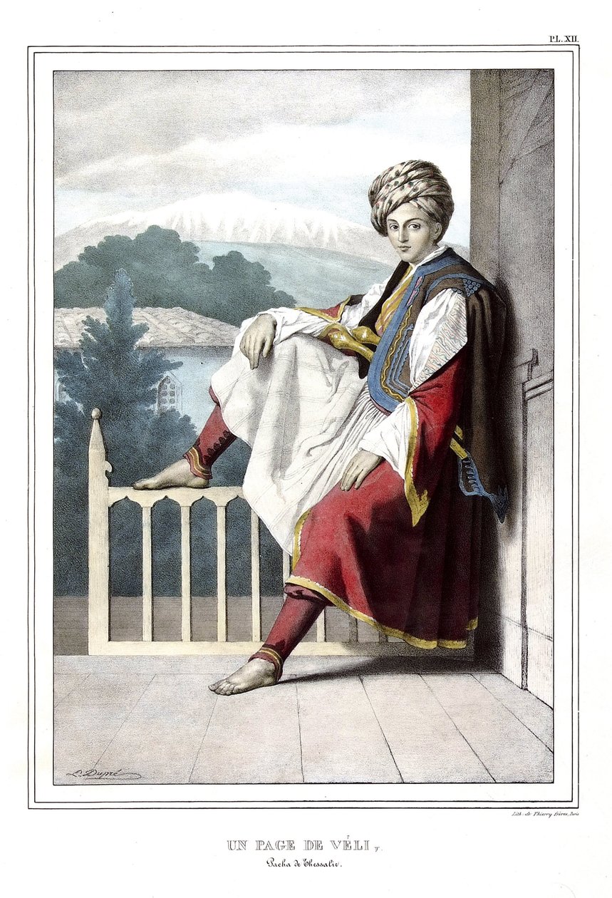 En sida av Veli, pasha deThessalie. i "" Resan till Aten och Konstantinopel, eller samling av grekiska och osmanska porträtt, vyer och kostymer, målade på platser i naturen, litografier och färger av Louis Dupre (1789-1837), Davids elev.1825. av Louis Dupré