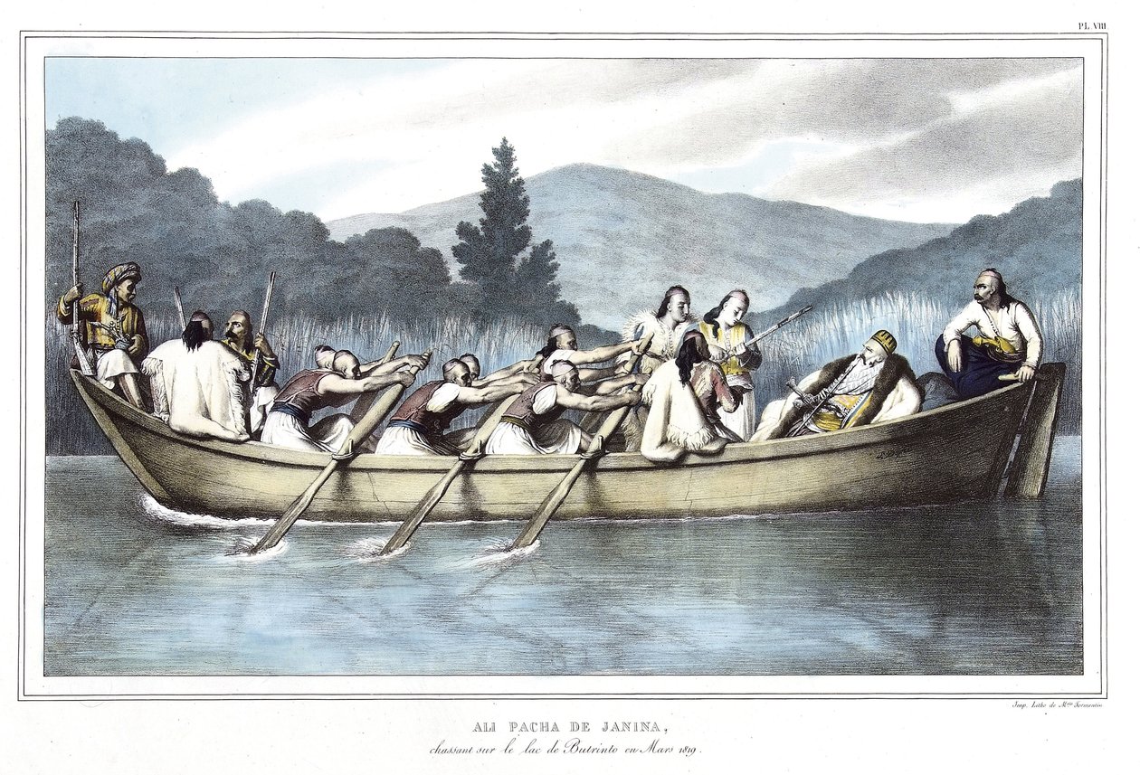Ali Pasha de Janina (1741-1822), på jakt på Butrintosjön i mars 1819. i "" Resan till Aten och Konstantinopel, eller samling av grekiska och osmanska porträtt, utsikter och kostymer, målade på platser efter naturen, litografier och färger av Louis Dupre av Louis Dupré