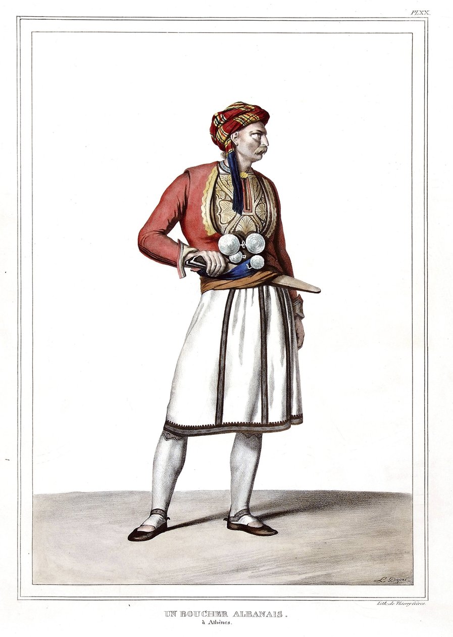 En albansk slaktare i Aten. i "" Resan till Aten och Konstantinopel, eller samling av grekiska och osmanska porträtt, vyer och kostymer, målade på platser i naturen, litografier och färger av Louis Dupre (1789-1837), Davids elev.1825. av Louis Dupré