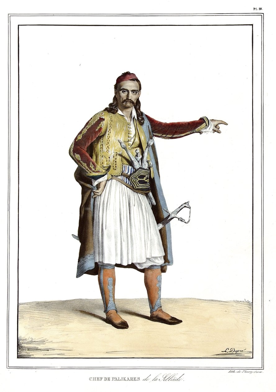 Kock på Palikares de la Scllade, i "" Resan till Aten och Konstantinopel, eller samling av grekiska och ottomanska porträtt, vyer och kostymer, målade på platser efter naturen, litografier och färger av Louis Dupre (1789-1837), Davids elev. 1825. av Louis Dupré