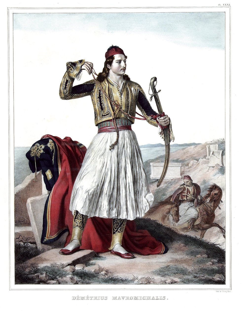 Demetrius Mavromichalis, grekisk soldat och patriot. i "" Resan till Aten och Konstantinopel, eller samling av grekiska och osmanska porträtt, vyer och kostymer, målade på platser i naturen, litografier och färger av Louis Dupre (1789-1837), elev av Da av Louis Dupré