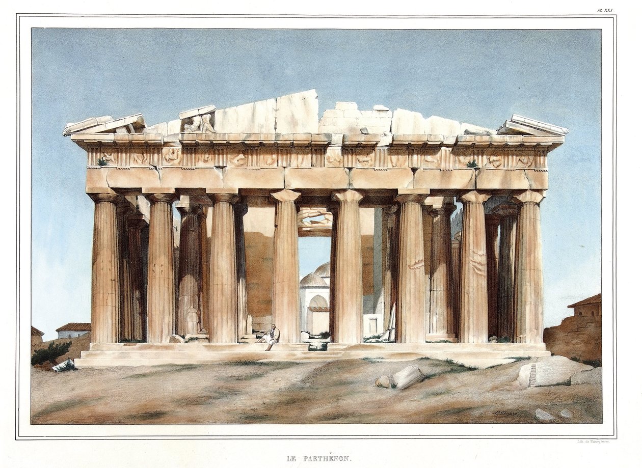 Le Parthenon. i "" Resan till Aten och Konstantinopel, eller samling av grekiska och osmanska porträtt, vyer och kostymer, målade på platser av efter naturen, litografier och färger av Louis Dupre (1789-1837), Davids elev.1825. av Louis Dupré