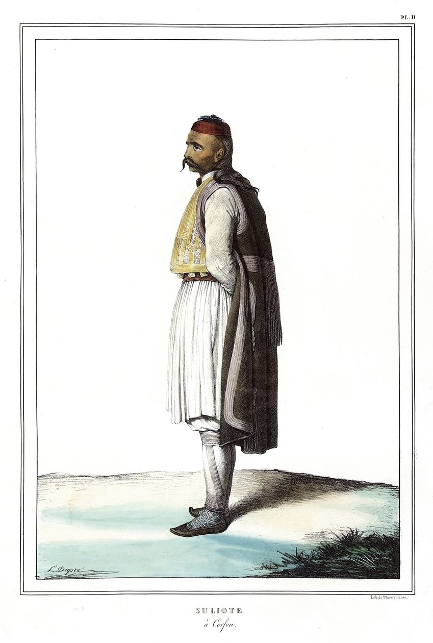 Suliote a Corfu, i "" Resan till Aten och Konstantinopel, eller samling av grekiska och ottomanska porträtt, vyer och kostymer, målade på platser av efter naturen, litografier och färger av Louis Dupre (1789-1837), Davids elev.1825. av Louis Dupré