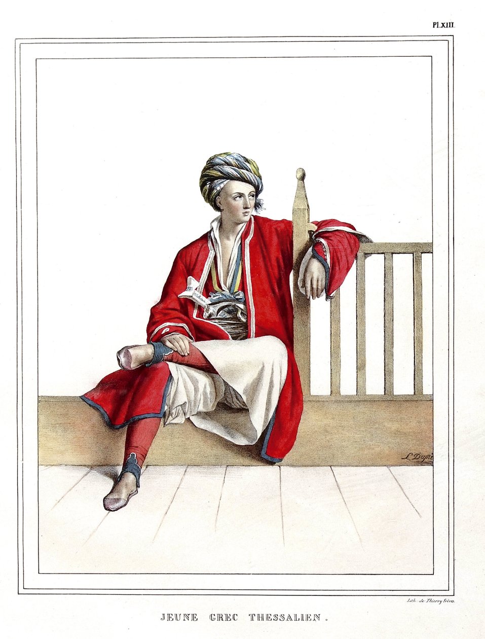 Ung grekisk thessalier. i "" Resan till Aten och Konstantinopel, eller samling av grekiska och osmanska porträtt, vyer och kostymer, målade på platser efter naturen, litografier och färger av Louis Dupre (1789-1837), Davids elev.1825. av Louis Dupré