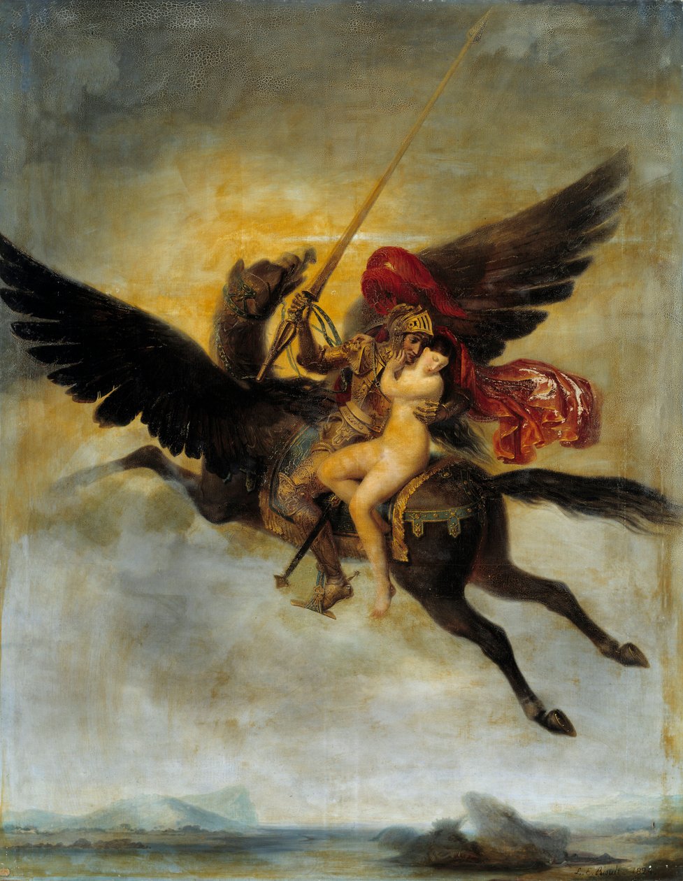 Roger Delivering Angelique Angelique Delivered to a Monster av Pirates släpps av Roger Rides on a Hippoclaw. Illustration för "" The Furious Roland"" av Ludovic Ariosto (Ariosto). Målning av Louis Edward Rioult (1790-1855) 1824 Sön. 2 av Louis Edouard Rioult