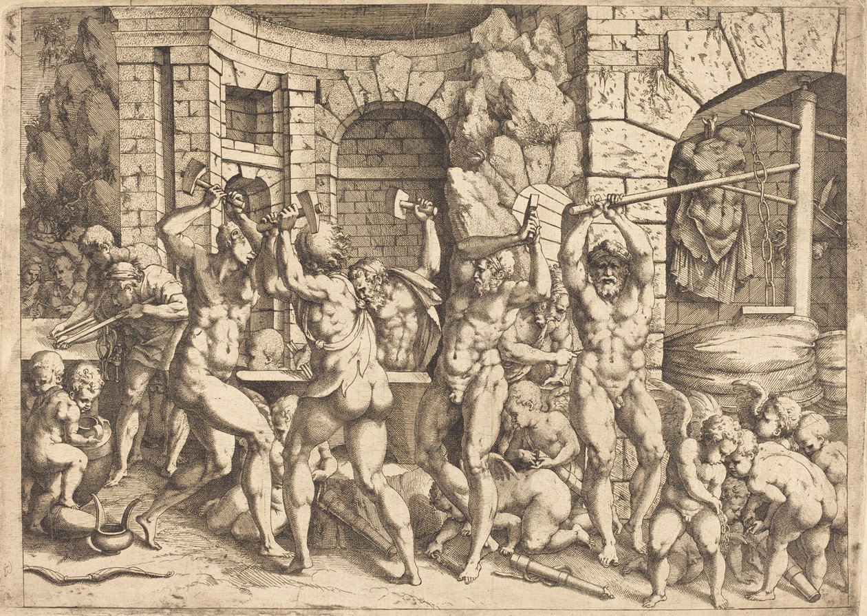 Vulcans smedja av Louis Elle I after Francesco Primaticcio