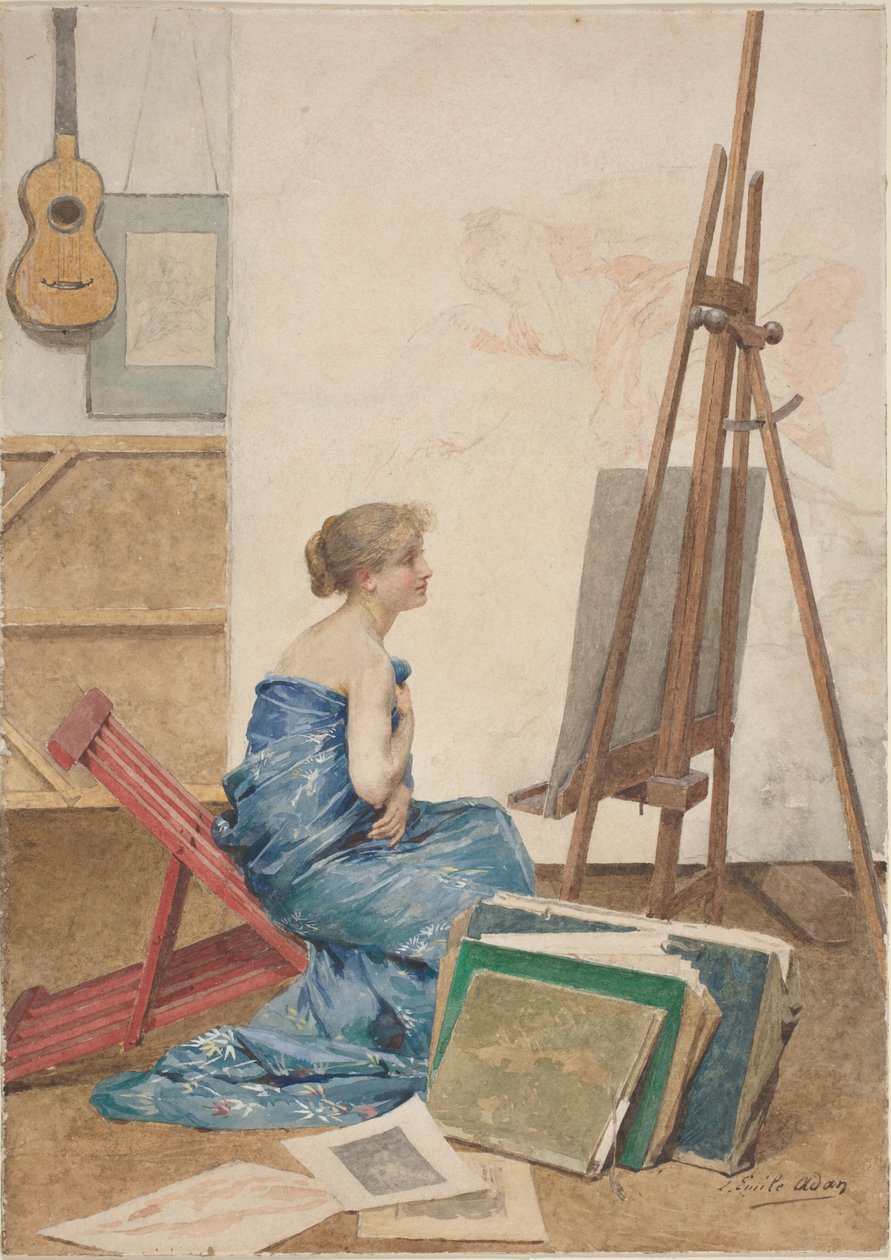 En målarstudio med en modell insvept i japanskt siden av Louis Emile Adan