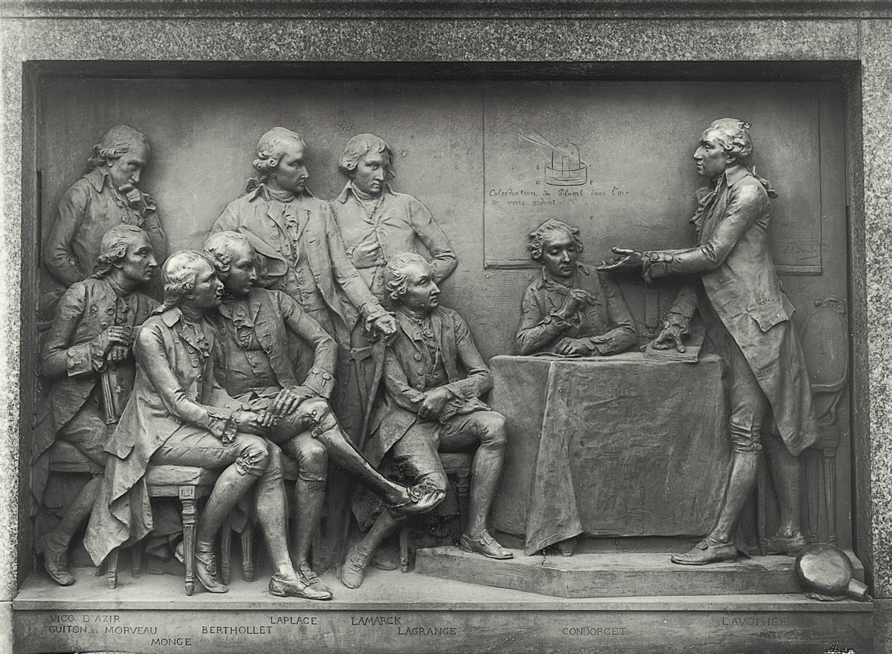 Antoine Laurent Lavoisier (1743-94) förklarar sin analys av luft för sina kollegor (brons) (s/v foto) av Louis Ernest Barrias